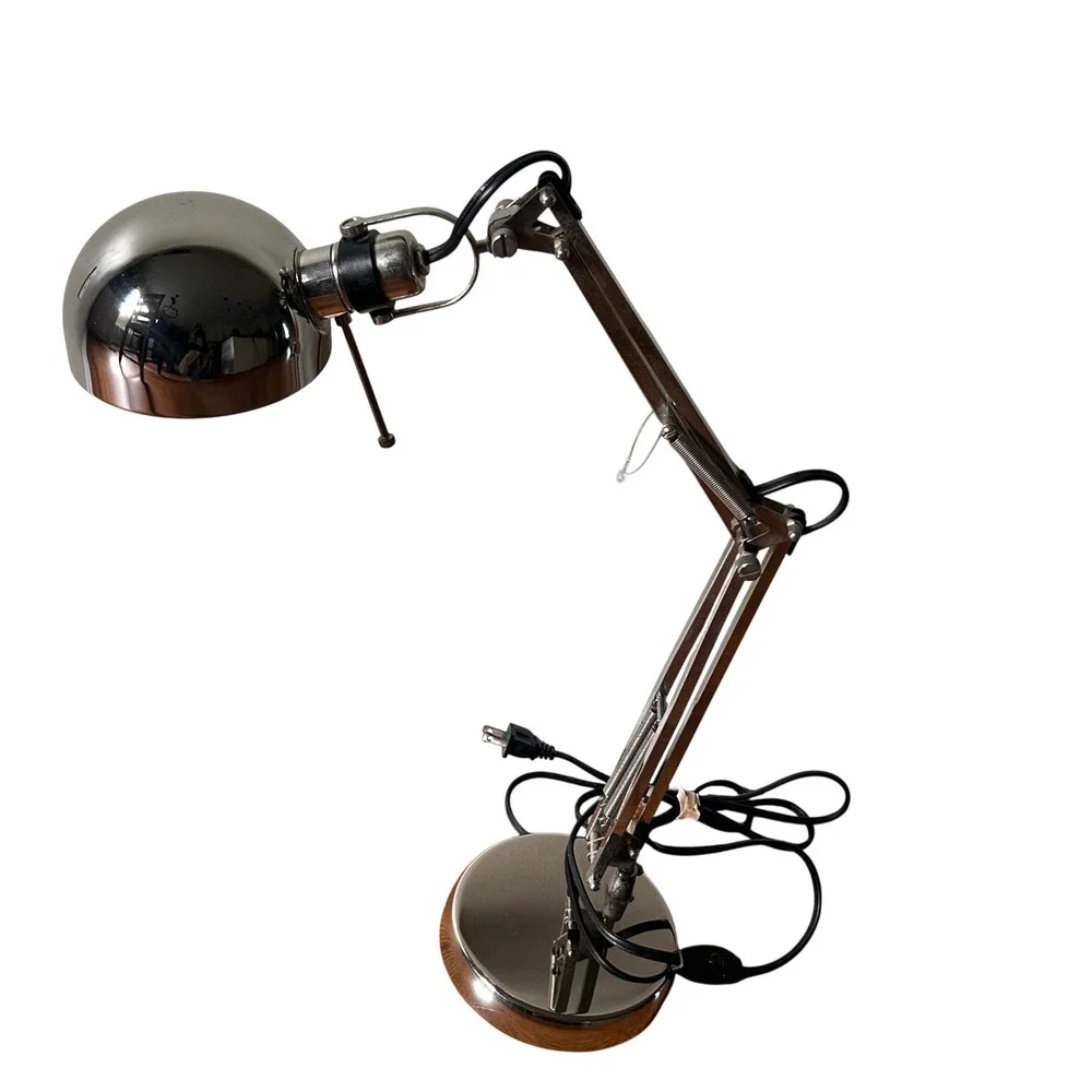 Ikea Forsa Chrome Swing Arm Architect Desk Lamp Wood Base Mid Century Task Light